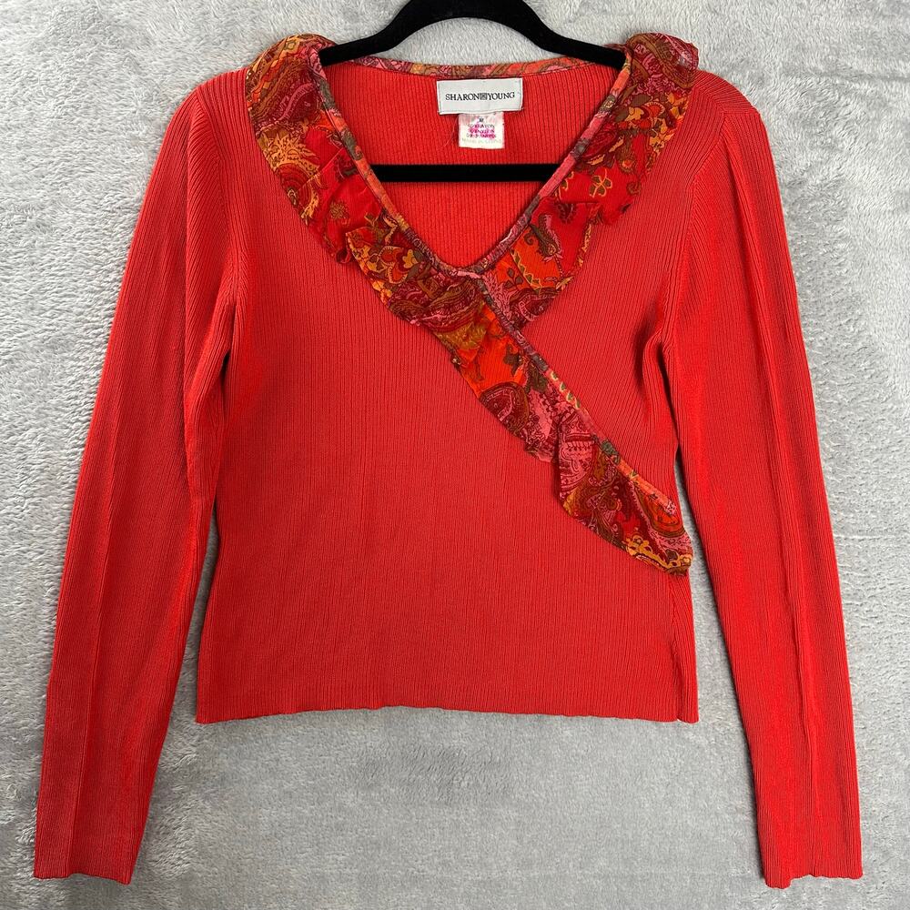 Vintage Sharon Young Red-Orange Rust Southwestern Knit V-Neck Top Chiffon - M